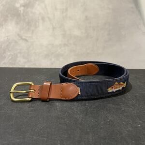 Leather Man Ltd Belt Mens 34 Blue Embroidered Fish Brass Buckle Outdoor Dress